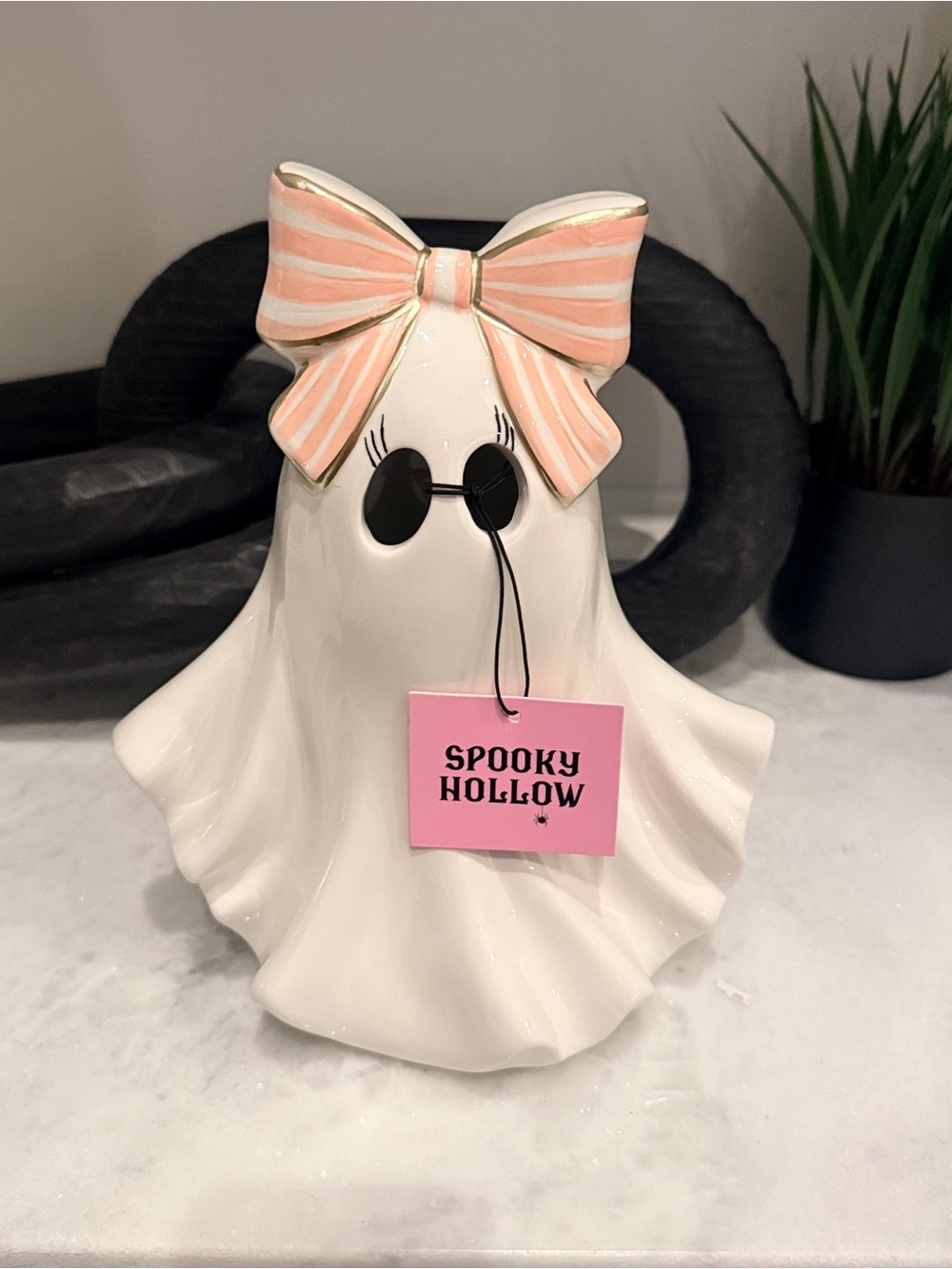 Ceramic Ghost Figurine with Pink Striped Bow - Spooky Hollow Accent